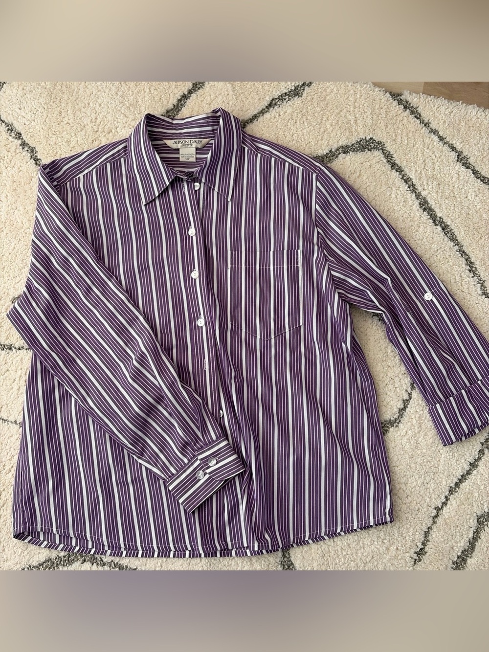 Allison Daley Purple and White Vertical Stripe Dress Shirt